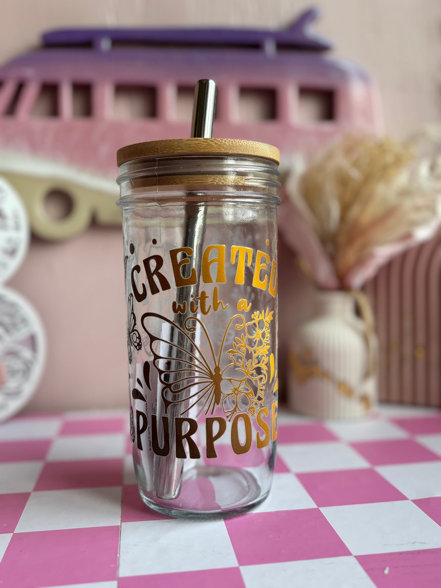 Created with purpose Glass Cups- Smoothie Cup. Bubble Tea. Aesthetic Cup. 24 OZ.
