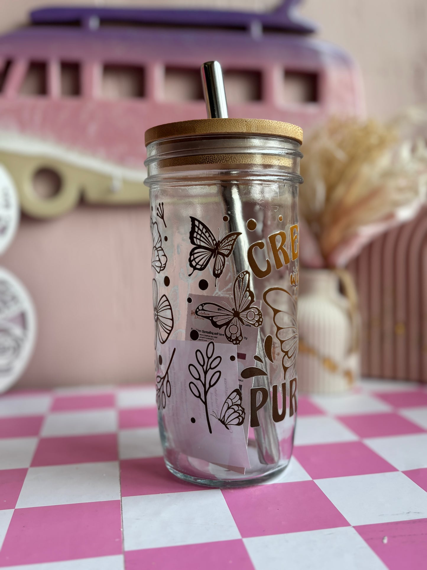 Created with purpose Glass Cups- Smoothie Cup. Bubble Tea. Aesthetic Cup. 24 OZ.