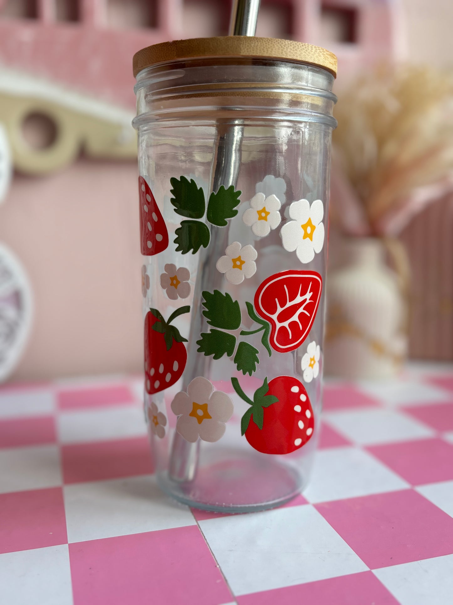 Strawberry Summer Glass Cups- Smoothie Cup. Bubble Tea. Aesthetic Cup. 24 OZ.