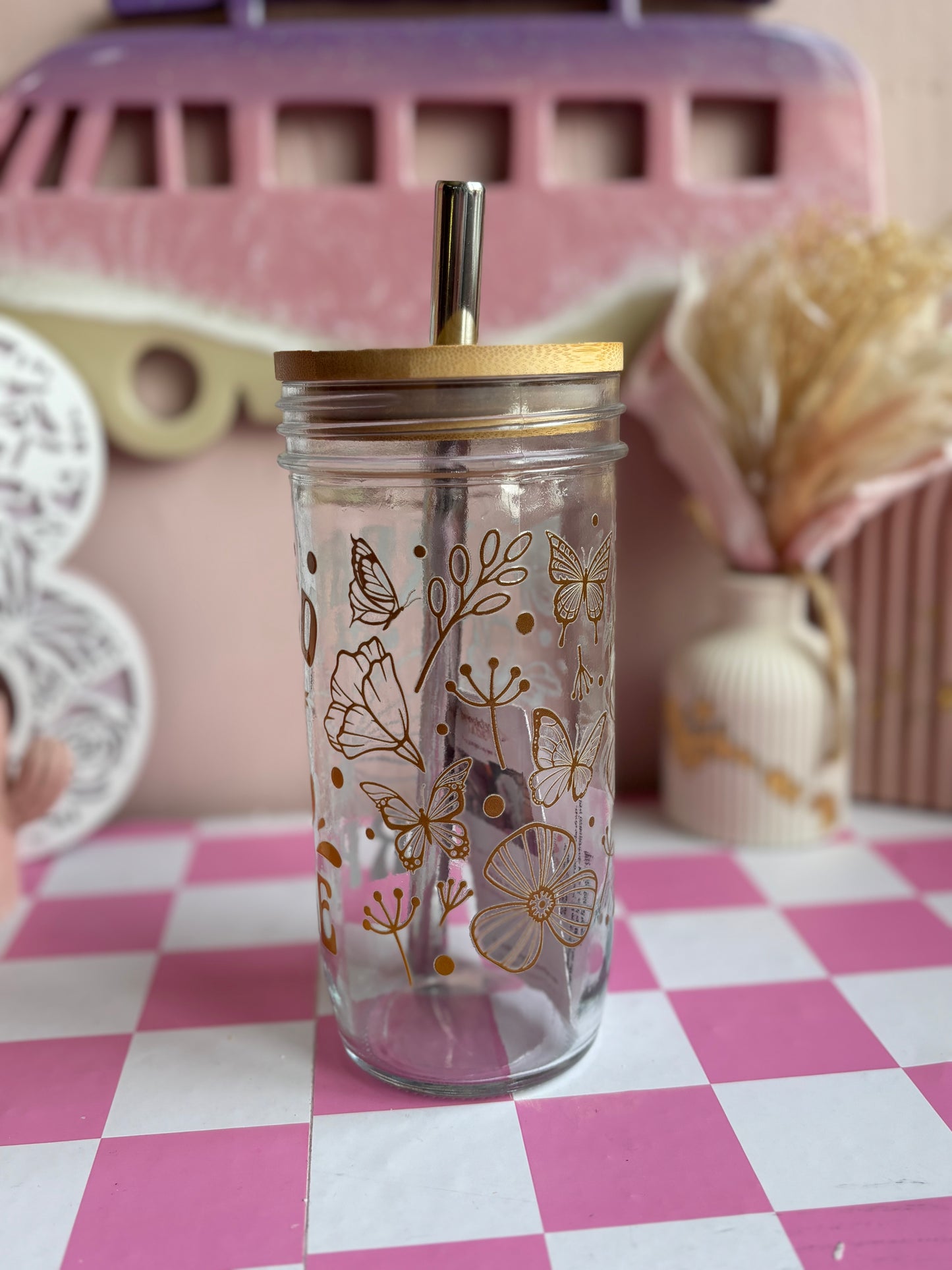 Created with purpose Glass Cups- Smoothie Cup. Bubble Tea. Aesthetic Cup. 24 OZ.