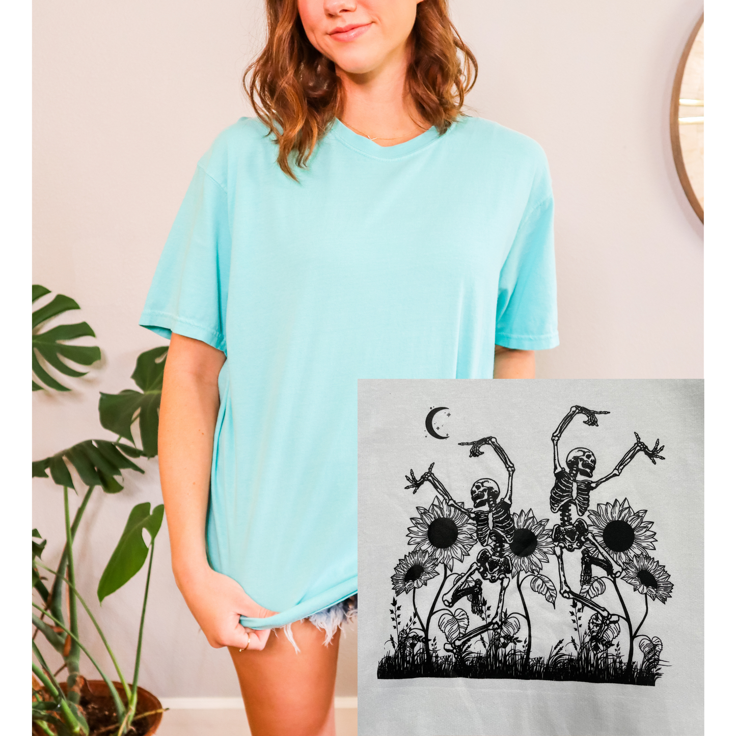 Dancing Sunflower Skulls Oversized Tee. 100% Cotton. Unisex sizing.