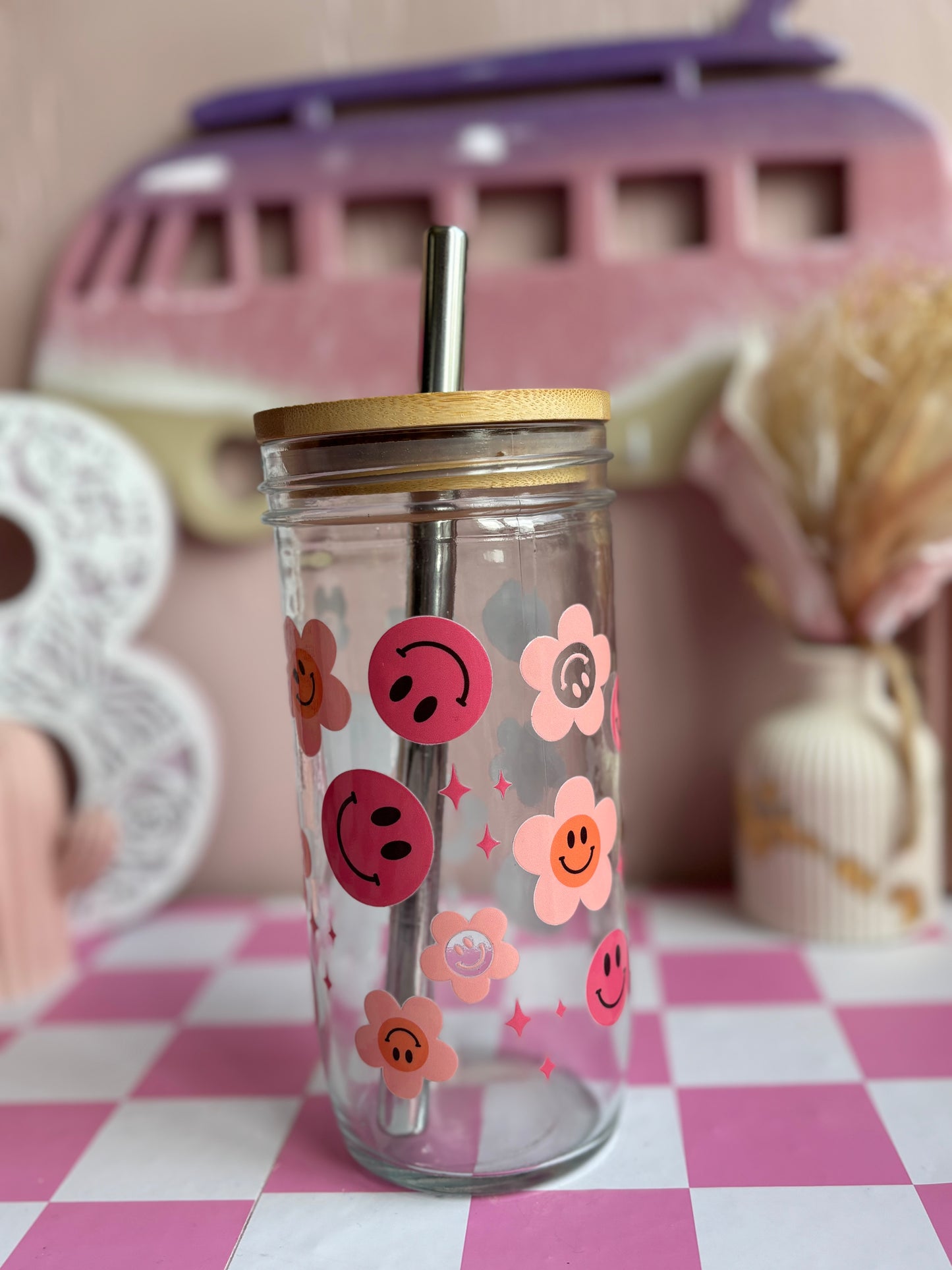 Groovy Smiley Glass Cups- Smoothie Cup. Bubble Tea. Aesthetic Cup. 24 OZ.