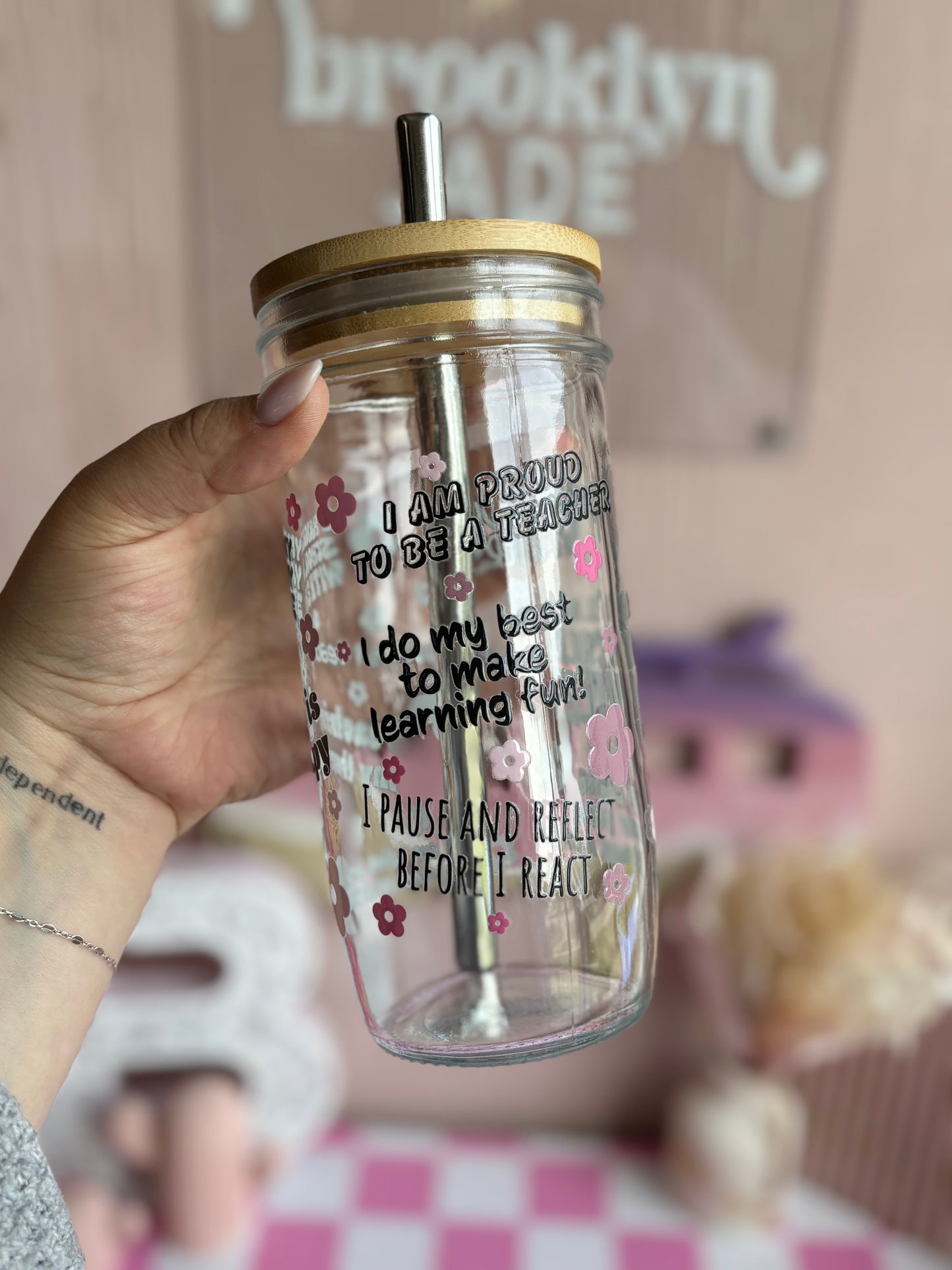 Teacher Affirmation Glass Cups- Smoothie Cup. Bubble Tea. Aesthetic Cup. 24 OZ.