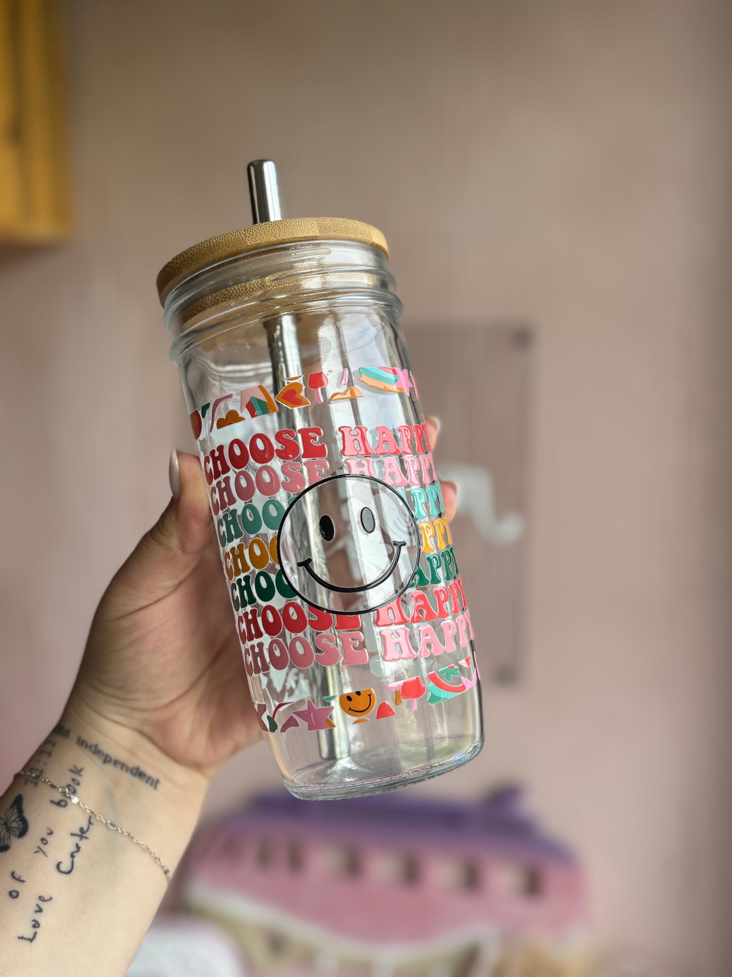 Choose Happiness Glass Cups- Smoothie Cup. Bubble Tea. Aesthetic Cup. 24 OZ.