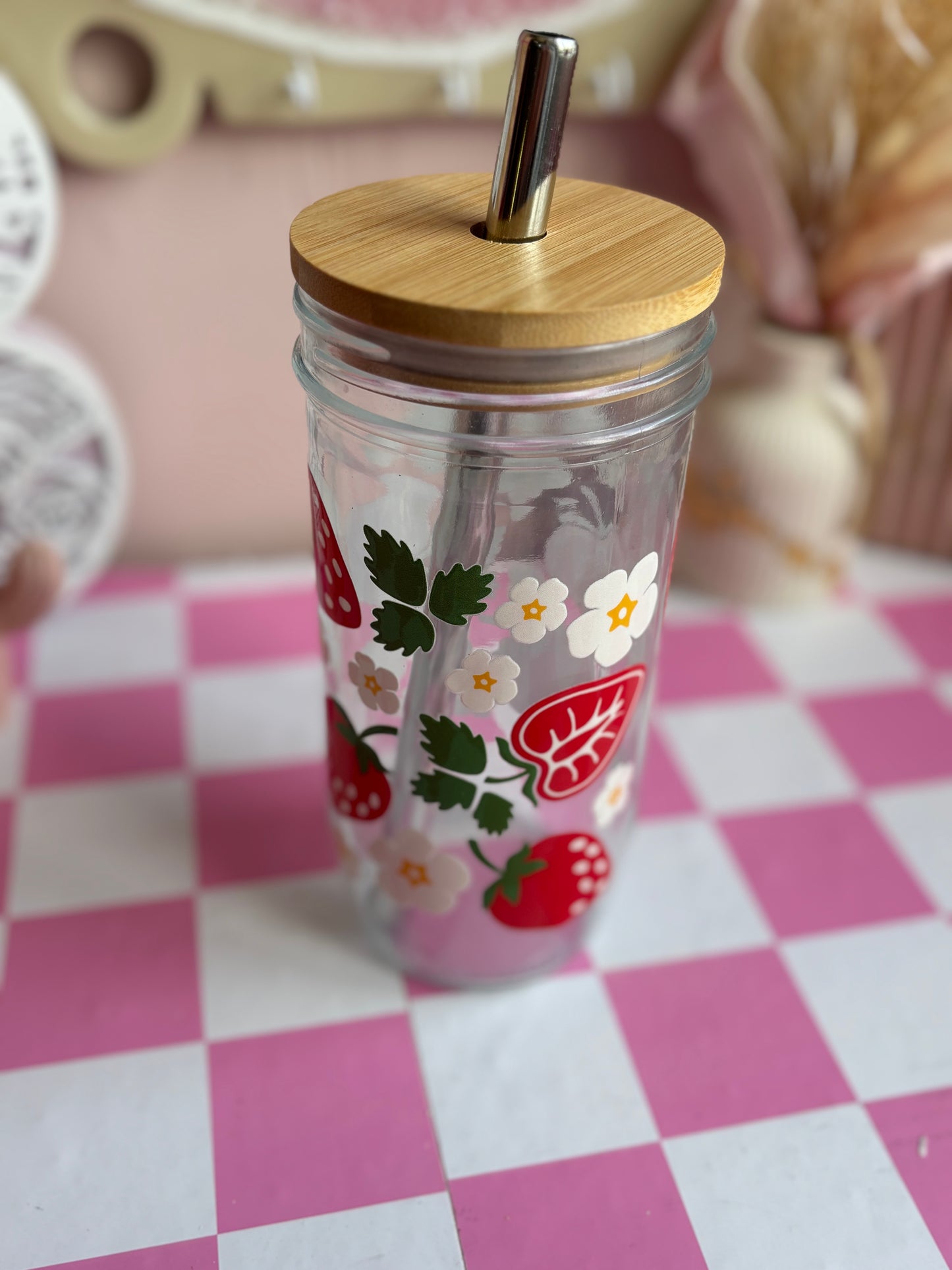 Strawberry Summer Glass Cups- Smoothie Cup. Bubble Tea. Aesthetic Cup. 24 OZ.