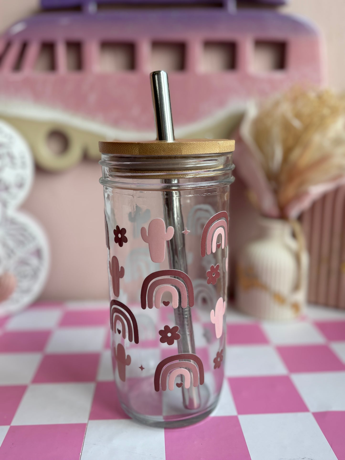 Cactus & Rainbow Glass Cups- Smoothie Cup. Bubble Tea. Aesthetic Cup. 24 OZ.