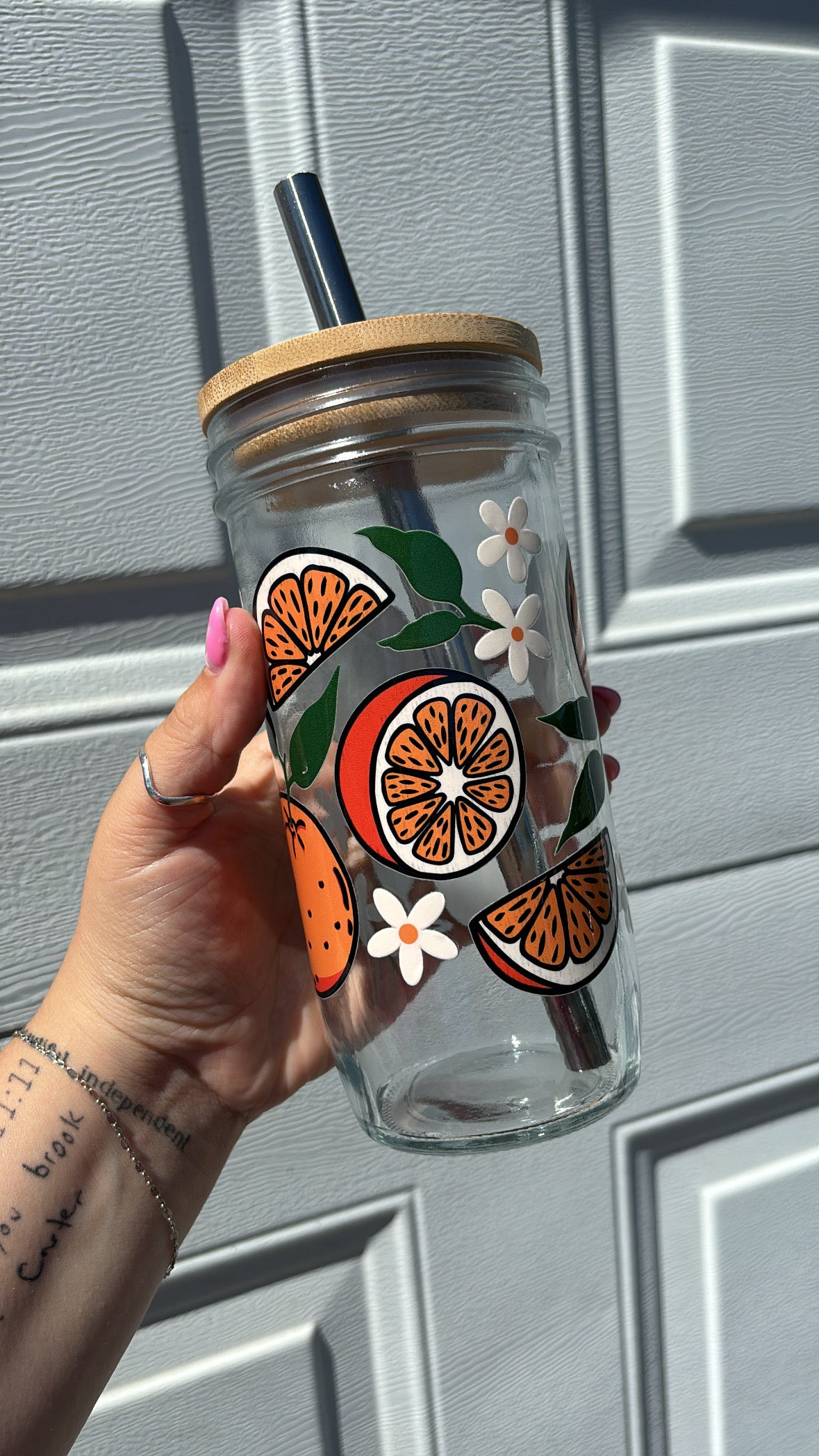 Orange blossom Glass Cups- Smoothie Cup. Bubble Tea. Aesthetic Cup. 24 OZ.
