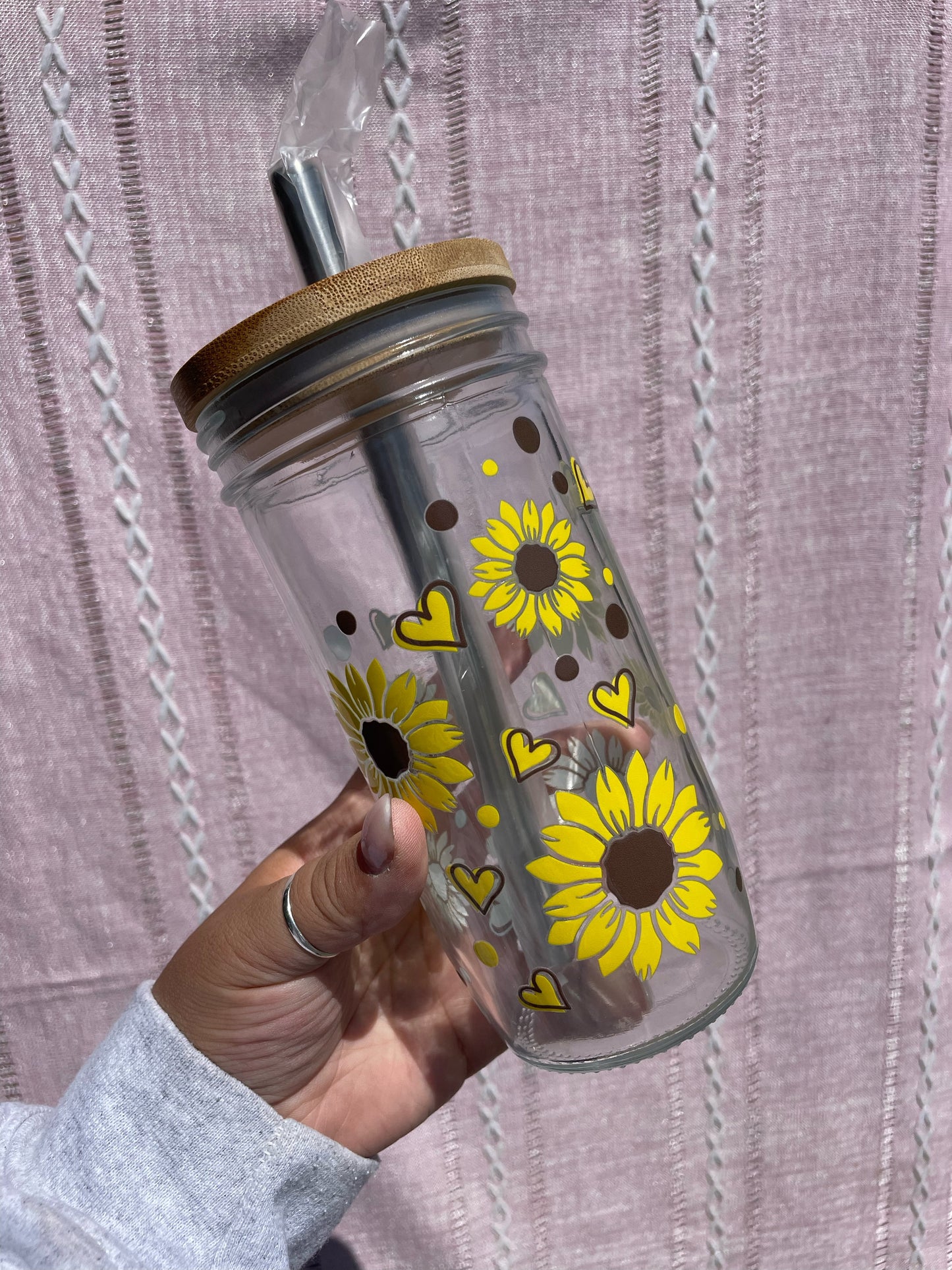 Yellow Sunflower Glass Cups- Smoothie Cup. Bubble Tea. Aesthetic Cup. 24 OZ.