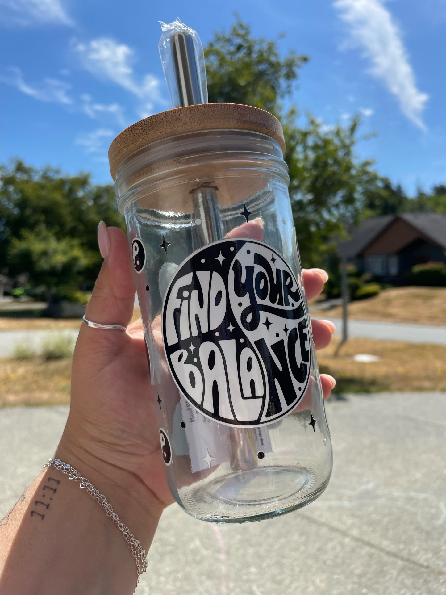 Find You Balance Glass Cups- Smoothie Cup. Bubble Tea. Aesthetic Cup. 24 OZ.