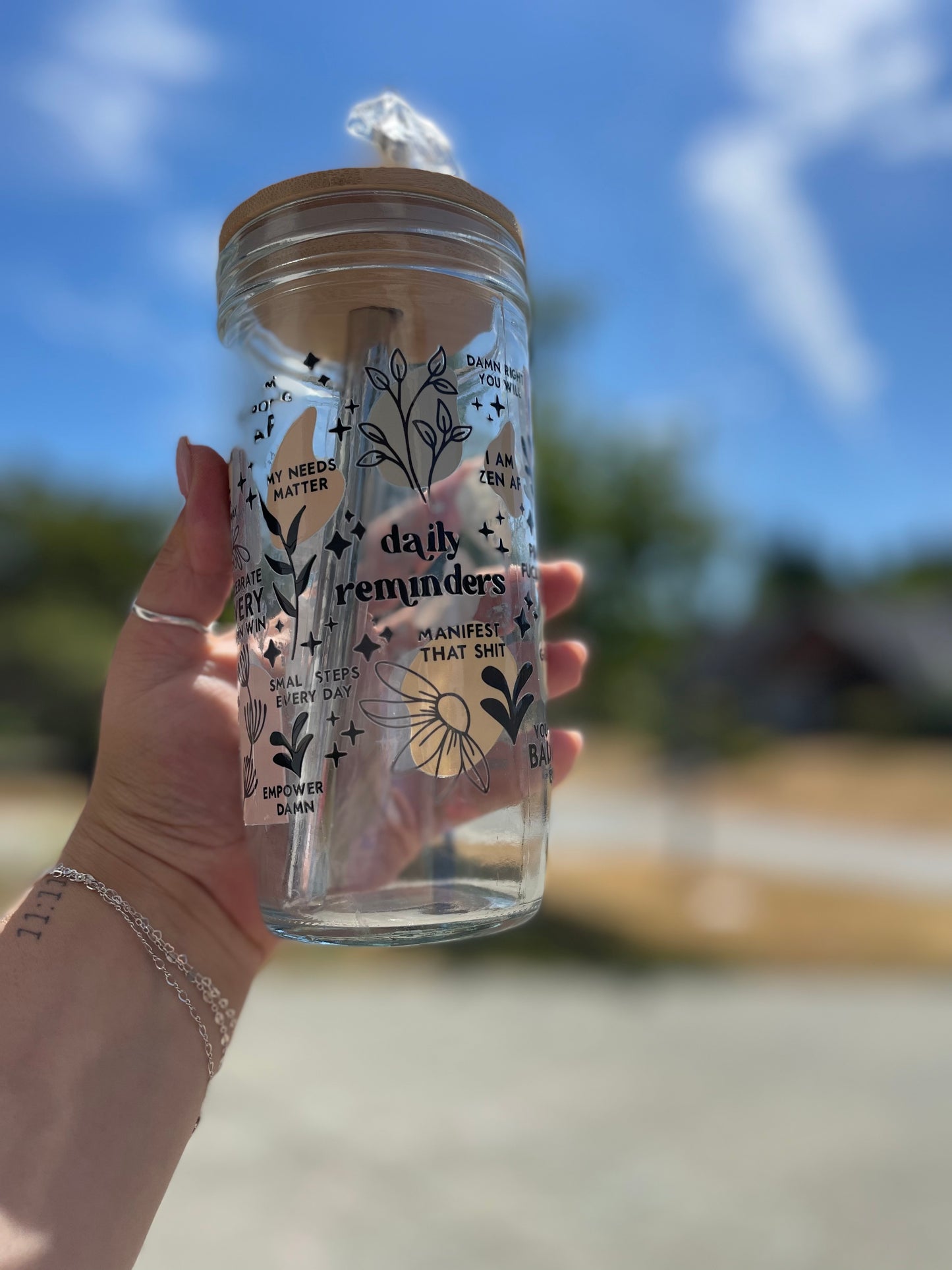 Daily Reminders Glass Cups- Smoothie Cup. Bubble Tea. Aesthetic Cup. 24 OZ.