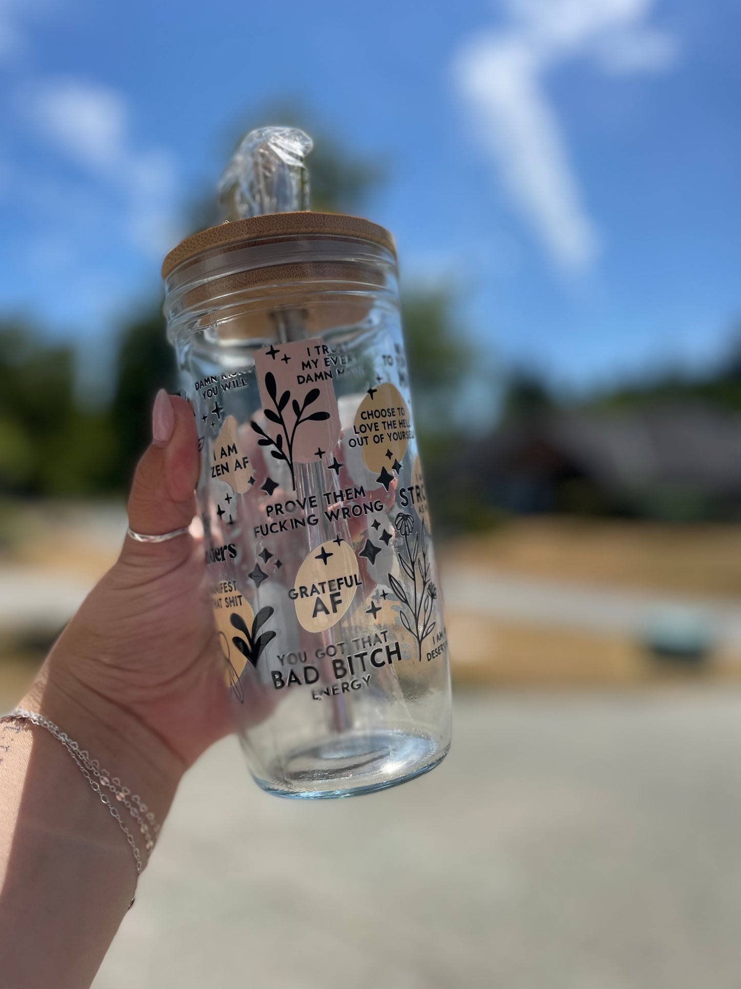 Daily Reminders Glass Cups- Smoothie Cup. Bubble Tea. Aesthetic Cup. 24 OZ.