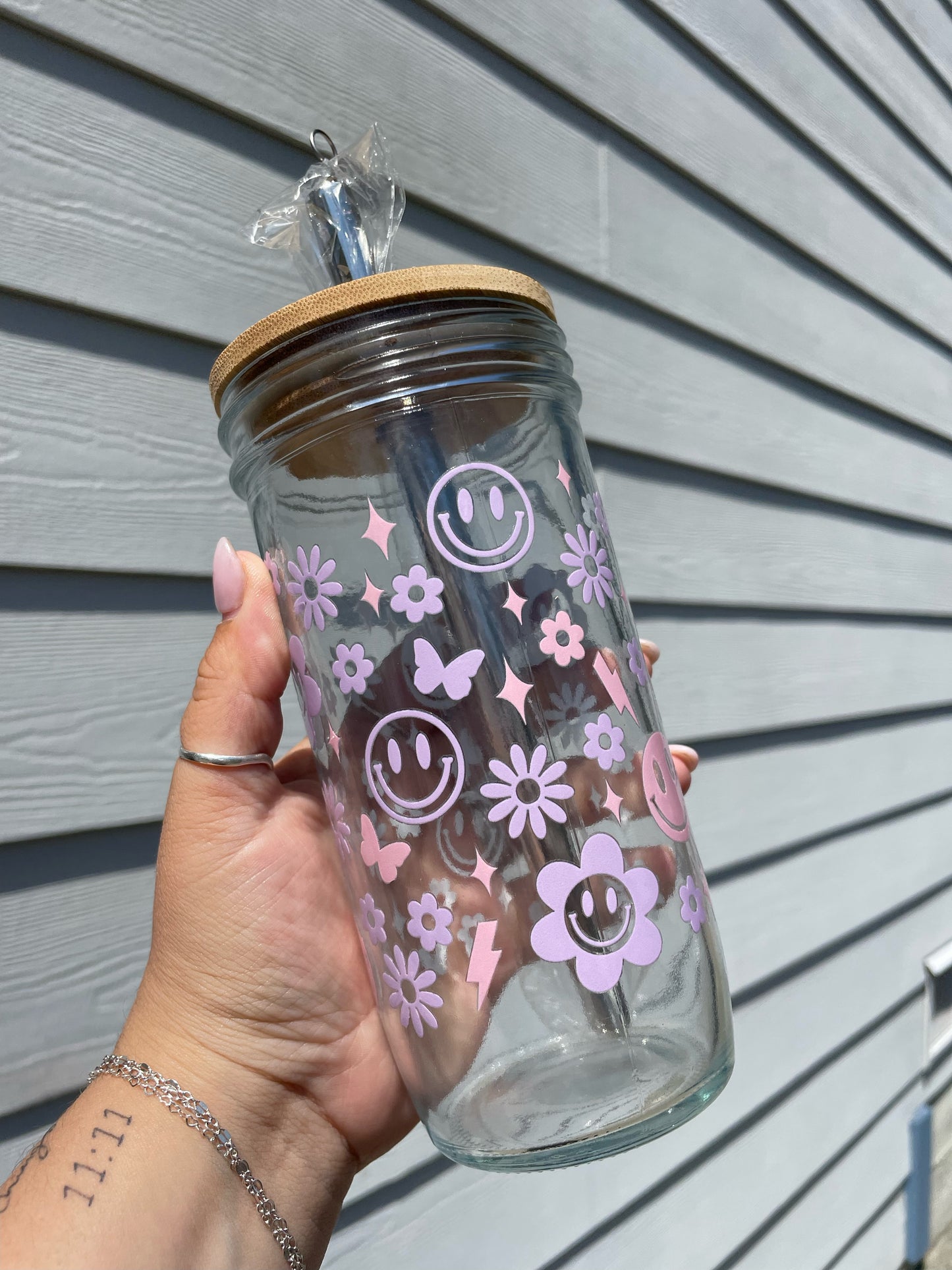 Pink and & Purple Smiley Glass Cups- Smoothie Cup. Bubble Tea. Aesthetic Cup. 24 OZ.