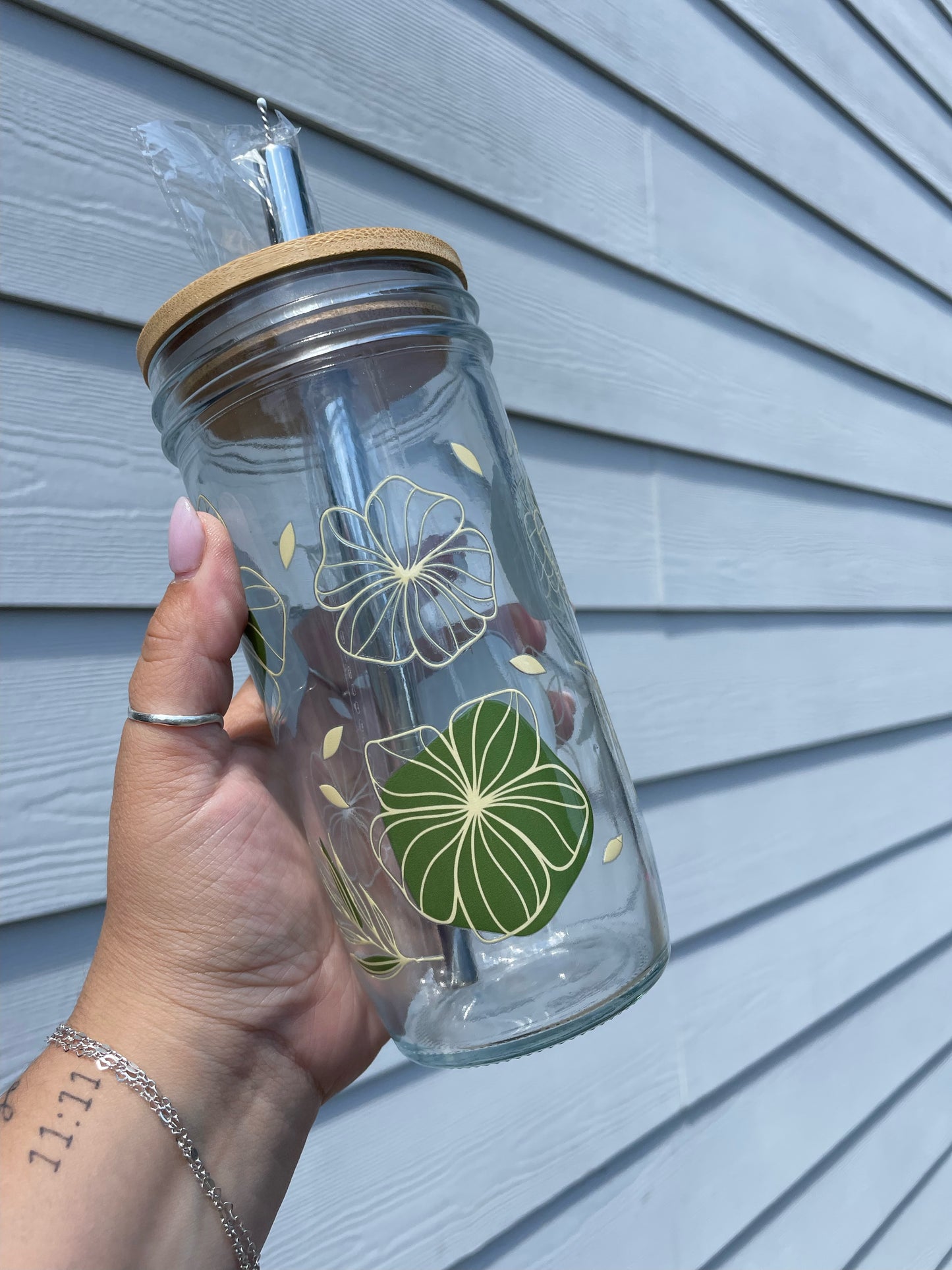 Green & Gold Flowers Glass Cups- Smoothie Cup. Bubble Tea. Aesthetic Cup. 24 OZ.