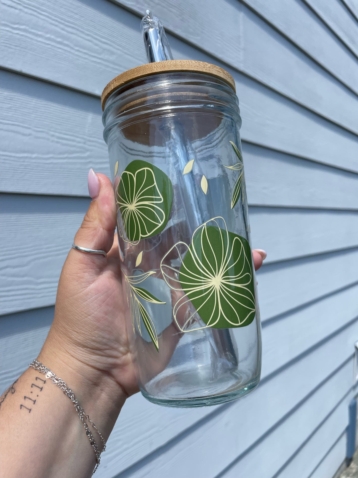 Green & Gold Flowers Glass Cups- Smoothie Cup. Bubble Tea. Aesthetic Cup. 24 OZ.