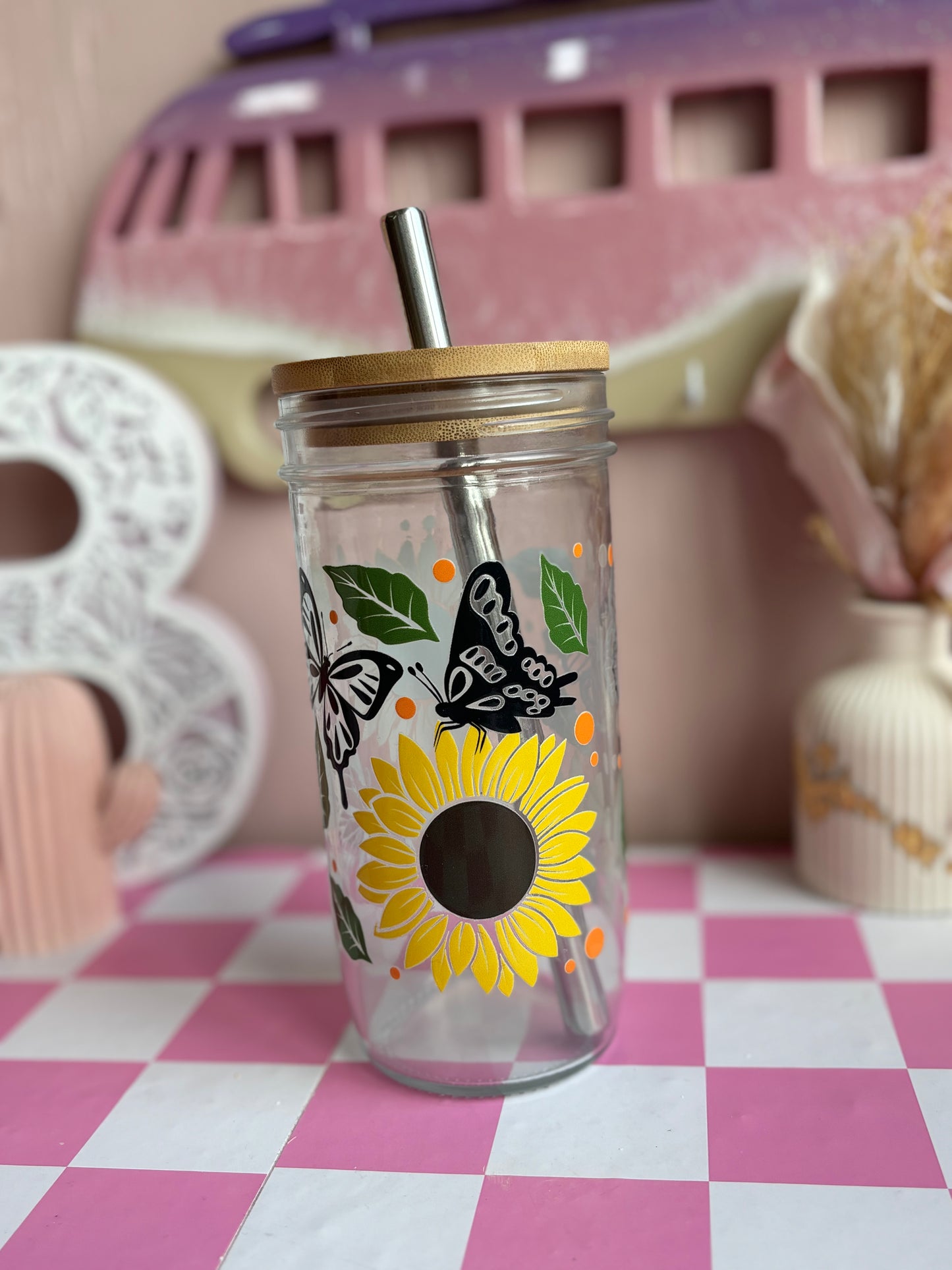 Sunflower Butterfly Glass Cups- Smoothie Cup. Bubble Tea. Aesthetic Cup. 24 OZ.