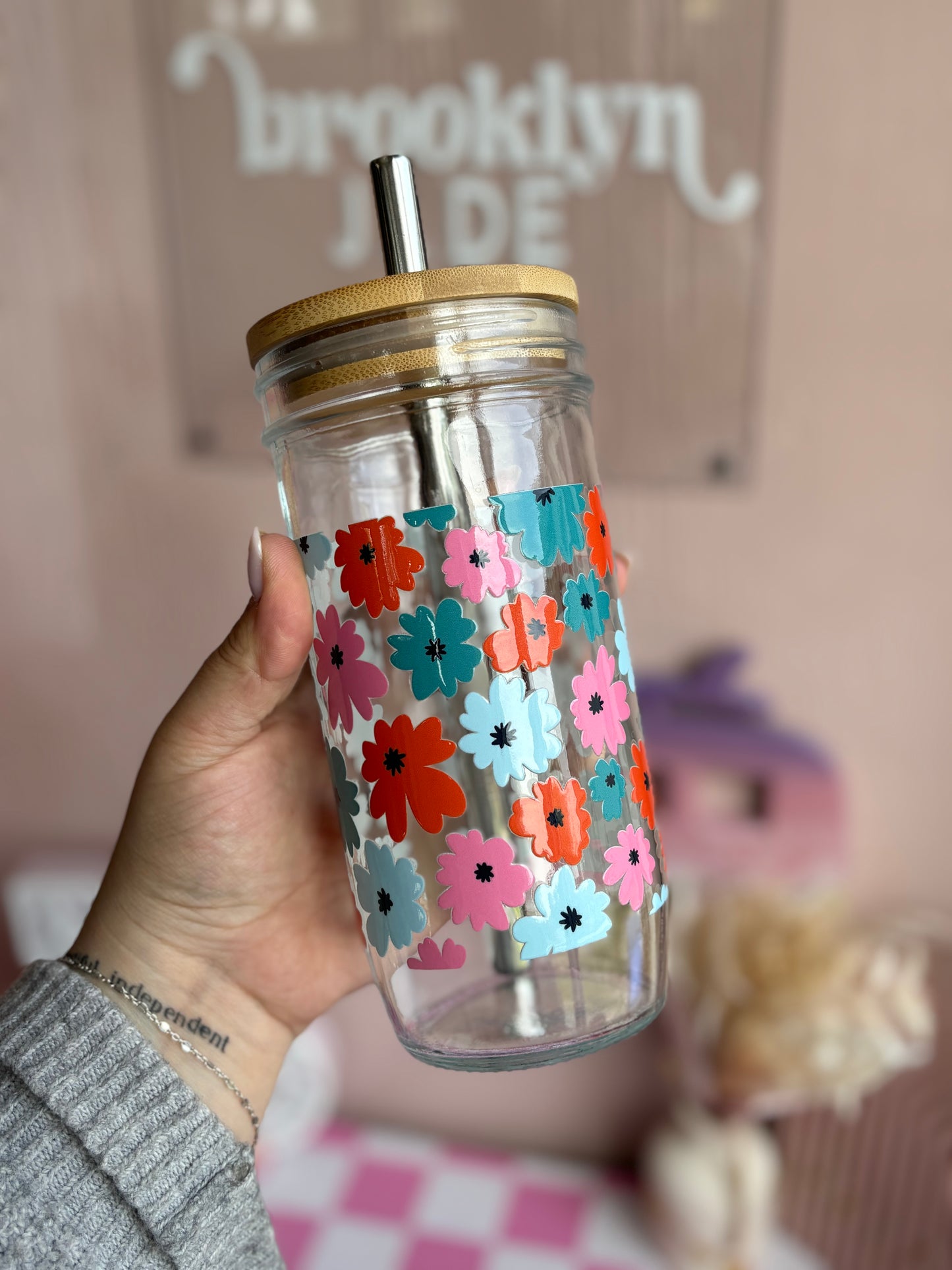 Floral Glass Cups- Smoothie Cup. Bubble Tea. Aesthetic Cup. 24 OZ.