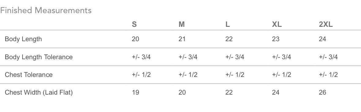 Measurement chart for clothing sizes S to 2XL with body length, chest width, and tolerance details.
