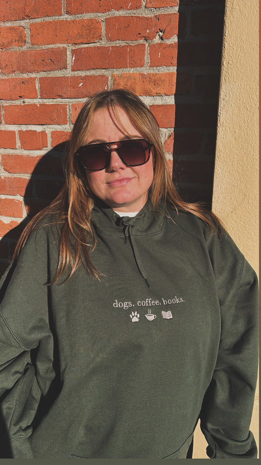 Dogs Coffee Books Embroidered Hoodie