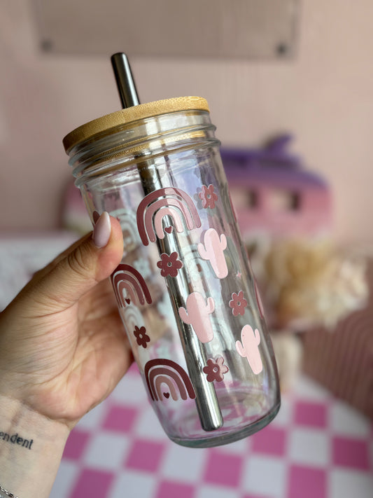 Cactus & Rainbow Glass Cups- Smoothie Cup. Bubble Tea. Aesthetic Cup. 24 OZ.