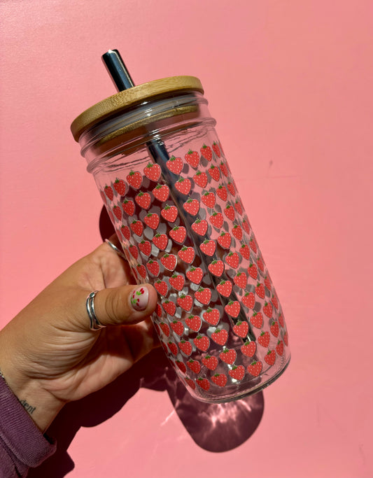 Mini Strawberry Glass Cups- Smoothie Cup. Bubble Tea. Aesthetic Cup. 24 OZ.