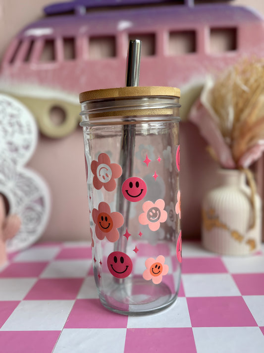 Groovy Smiley Glass Cups- Smoothie Cup. Bubble Tea. Aesthetic Cup. 24 OZ.