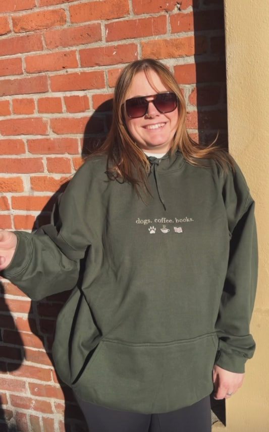 Dogs Coffee Books Embroidered Hoodie
