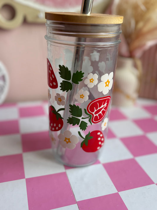 Strawberry Summer Glass Cups- Smoothie Cup. Bubble Tea. Aesthetic Cup. 24 OZ.
