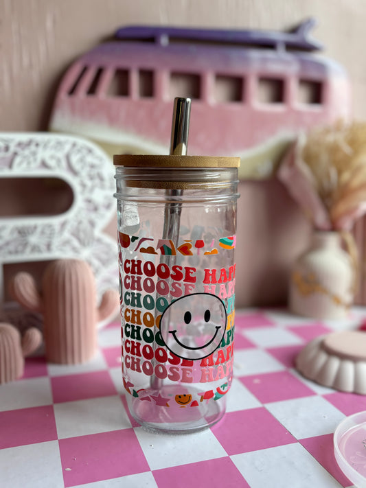 Choose Happiness Glass Cups- Smoothie Cup. Bubble Tea. Aesthetic Cup. 24 OZ.