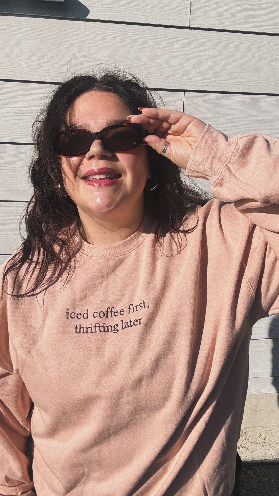 Iced Coffee First Thrifting Later Embroidered Crewneck Sweatshirt