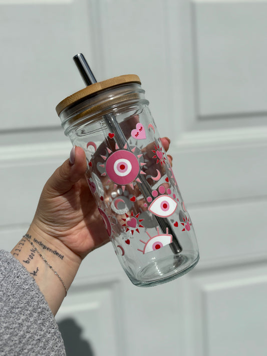 Pink Evil Eye Glass Cups- Smoothie Cup. Bubble Tea. Aesthetic Cup. 24 OZ.