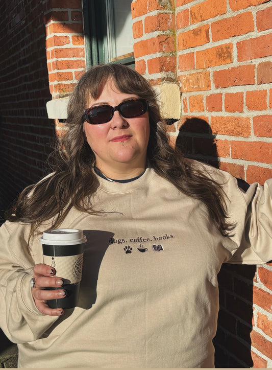 Dogs Coffee Books Embroidered Crewneck Sweatshirt