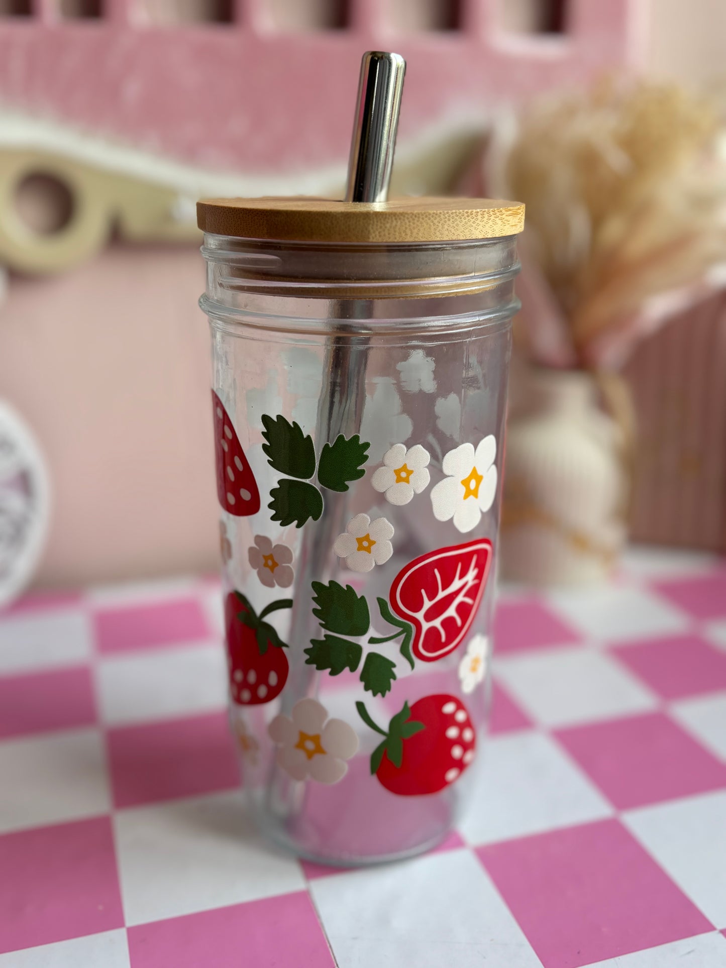 Strawberry Summer Glass Cups- Smoothie Cup. Bubble Tea. Aesthetic Cup. 24 OZ.