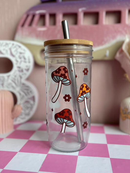 Mushroom Glass Cups- Smoothie Cup. Bubble Tea. Aesthetic Cup. 24 OZ.