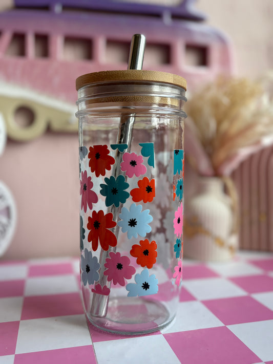 Floral Glass Cups- Smoothie Cup. Bubble Tea. Aesthetic Cup. 24 OZ.