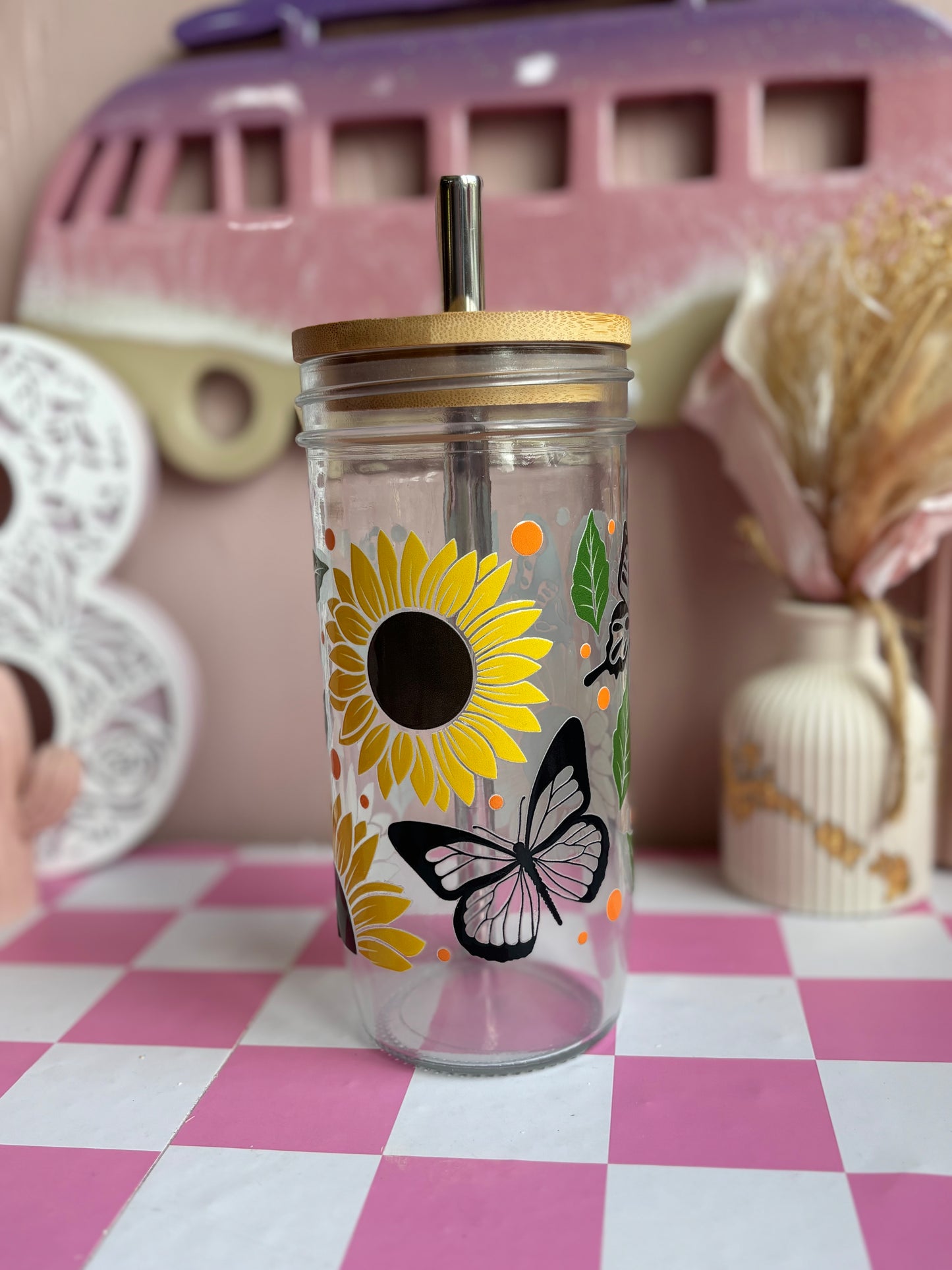 Sunflower Butterfly Glass Cups- Smoothie Cup. Bubble Tea. Aesthetic Cup. 24 OZ.
