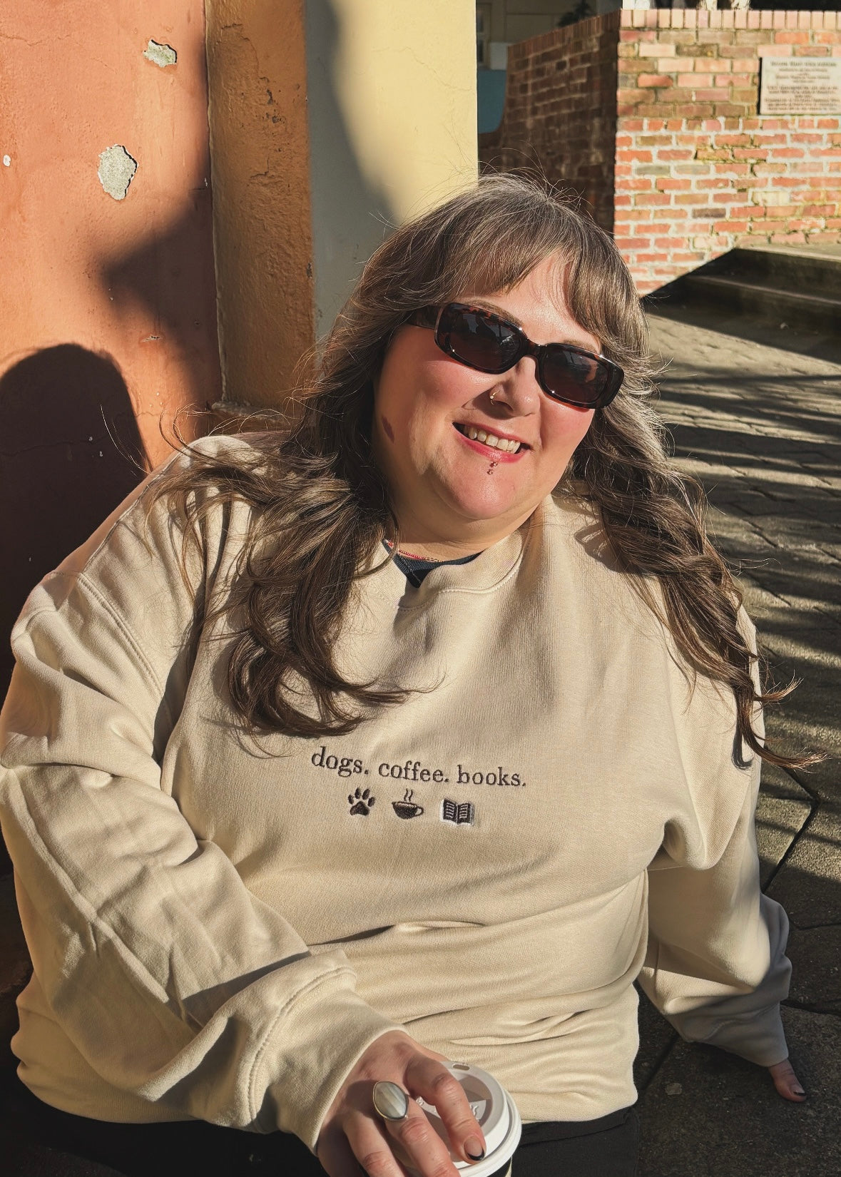 Dogs Coffee Books Embroidered Crewneck Sweatshirt