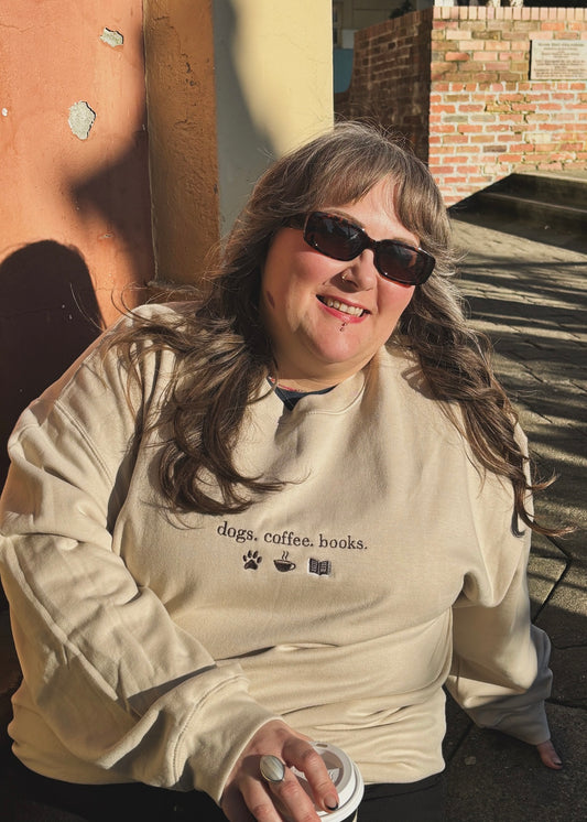 Dogs Coffee Books Embroidered Crewneck Sweatshirt