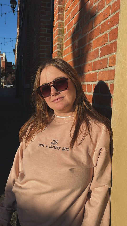 Just A Thrifty Girl Embroidered Crewneck Sweatshirt