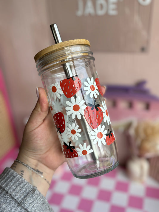 Strawberry & Flowers Glass Cups- Smoothie Cup. Bubble Tea. Aesthetic Cup. 24 OZ.