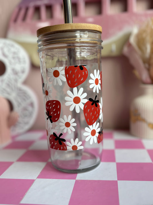 Strawberry & Flowers Glass Cups- Smoothie Cup. Bubble Tea. Aesthetic Cup. 24 OZ.