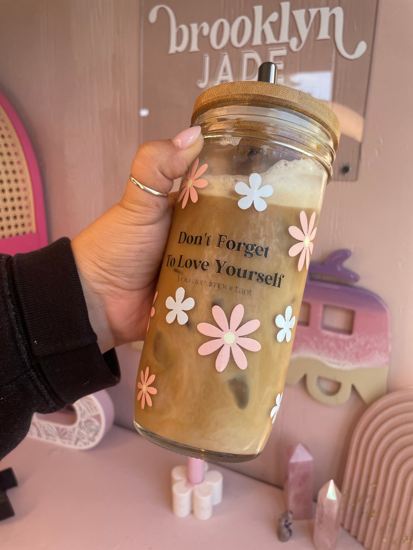 Don’t forget to love yourself Glass Cups- Smoothie Cup. Bubble Tea. Aesthetic Cup. 24 OZ.