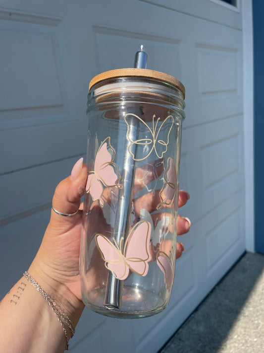 Gold &. Pink Butterfly Glass Cups- Smoothie Cup. Bubble Tea. Aesthetic Cup. 24 OZ.
