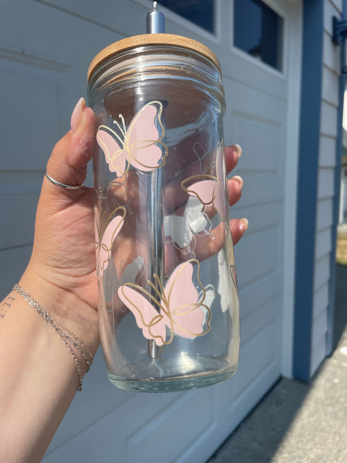 Gold &. Pink Butterfly Glass Cups- Smoothie Cup. Bubble Tea. Aesthetic Cup. 24 OZ.