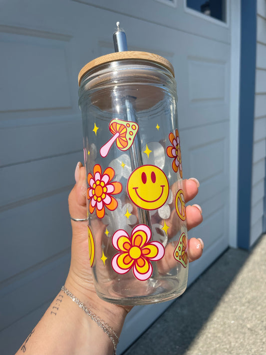 Groovy Smiley & Mushy Glass Cups- Smoothie Cup. Bubble Tea. Aesthetic Cup. 24 OZ.