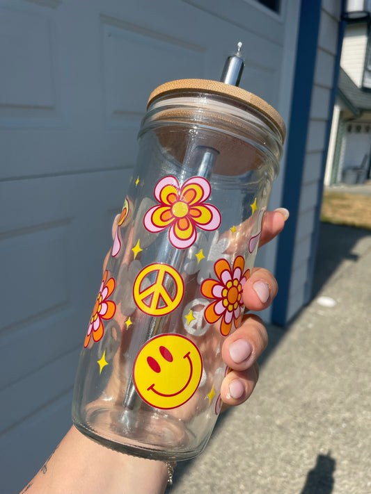 Groovy Smiley & Mushy Glass Cups- Smoothie Cup. Bubble Tea. Aesthetic Cup. 24 OZ.