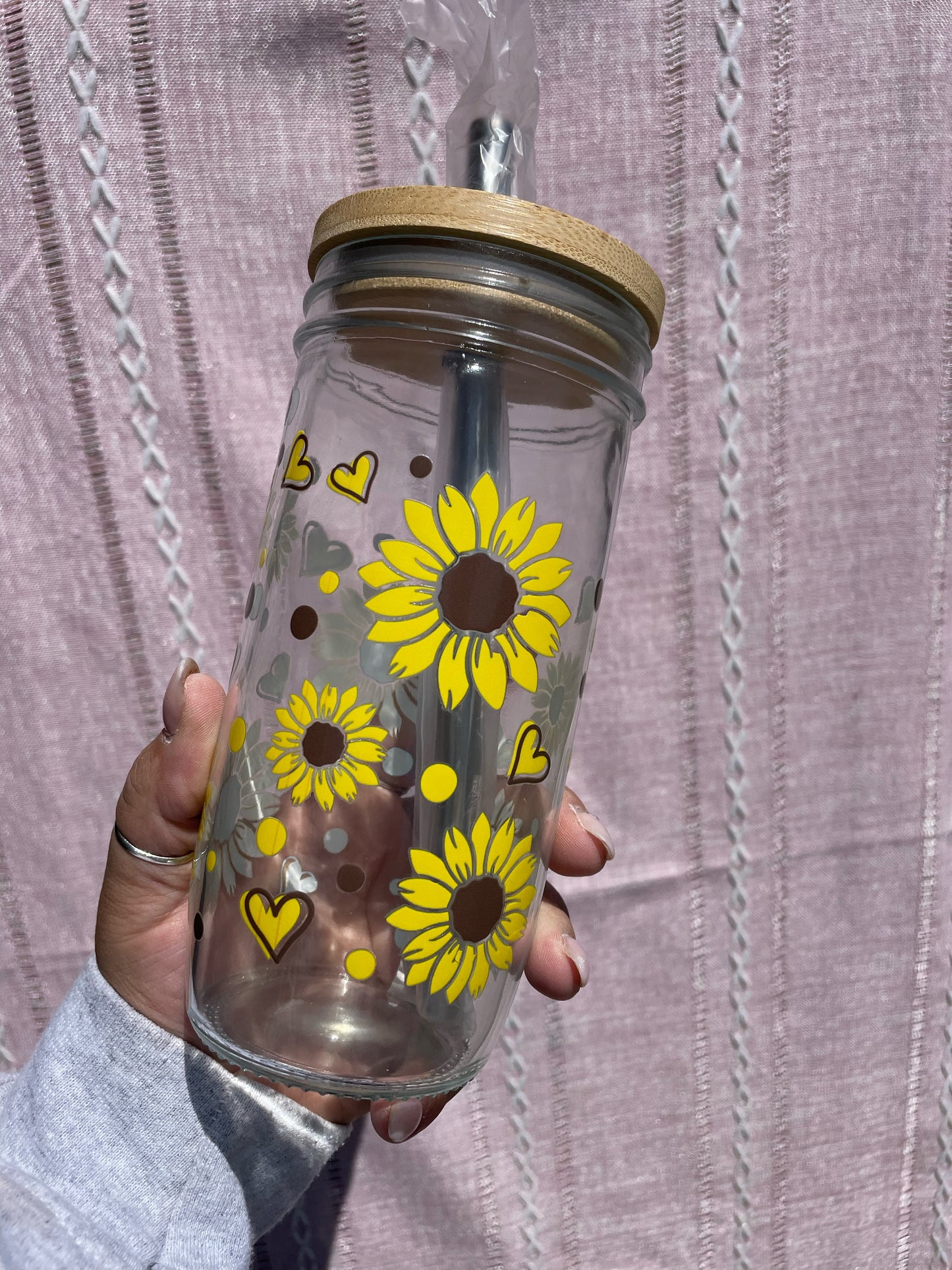 Yellow Sunflower Glass Cups- Smoothie Cup. Bubble Tea. Aesthetic Cup. 24 OZ.