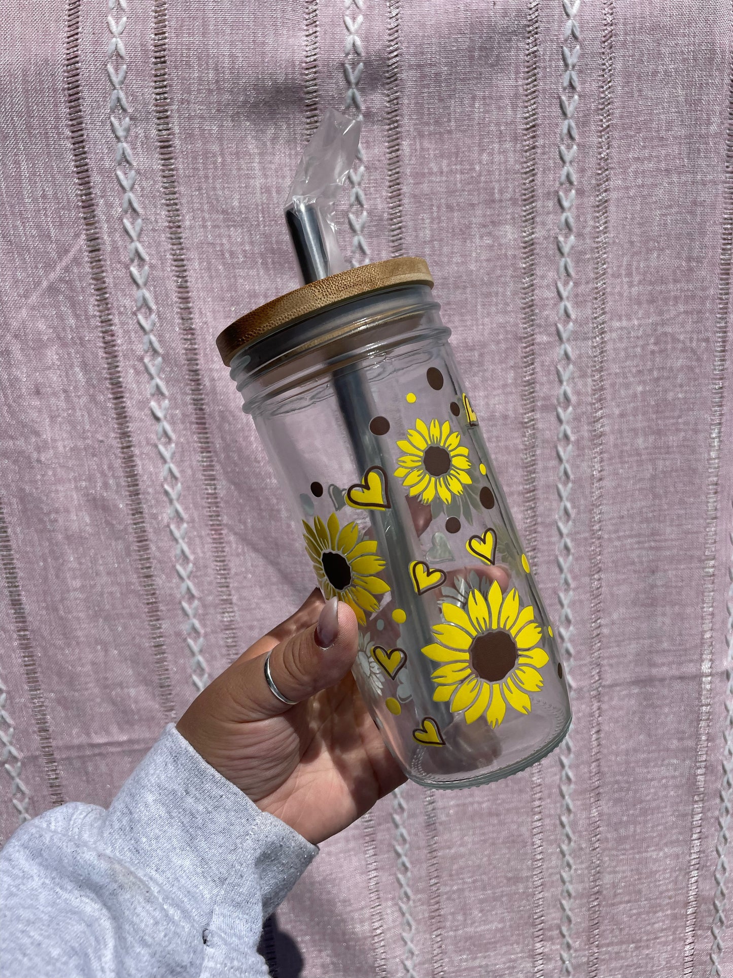 Yellow Sunflower Glass Cups- Smoothie Cup. Bubble Tea. Aesthetic Cup. 24 OZ.