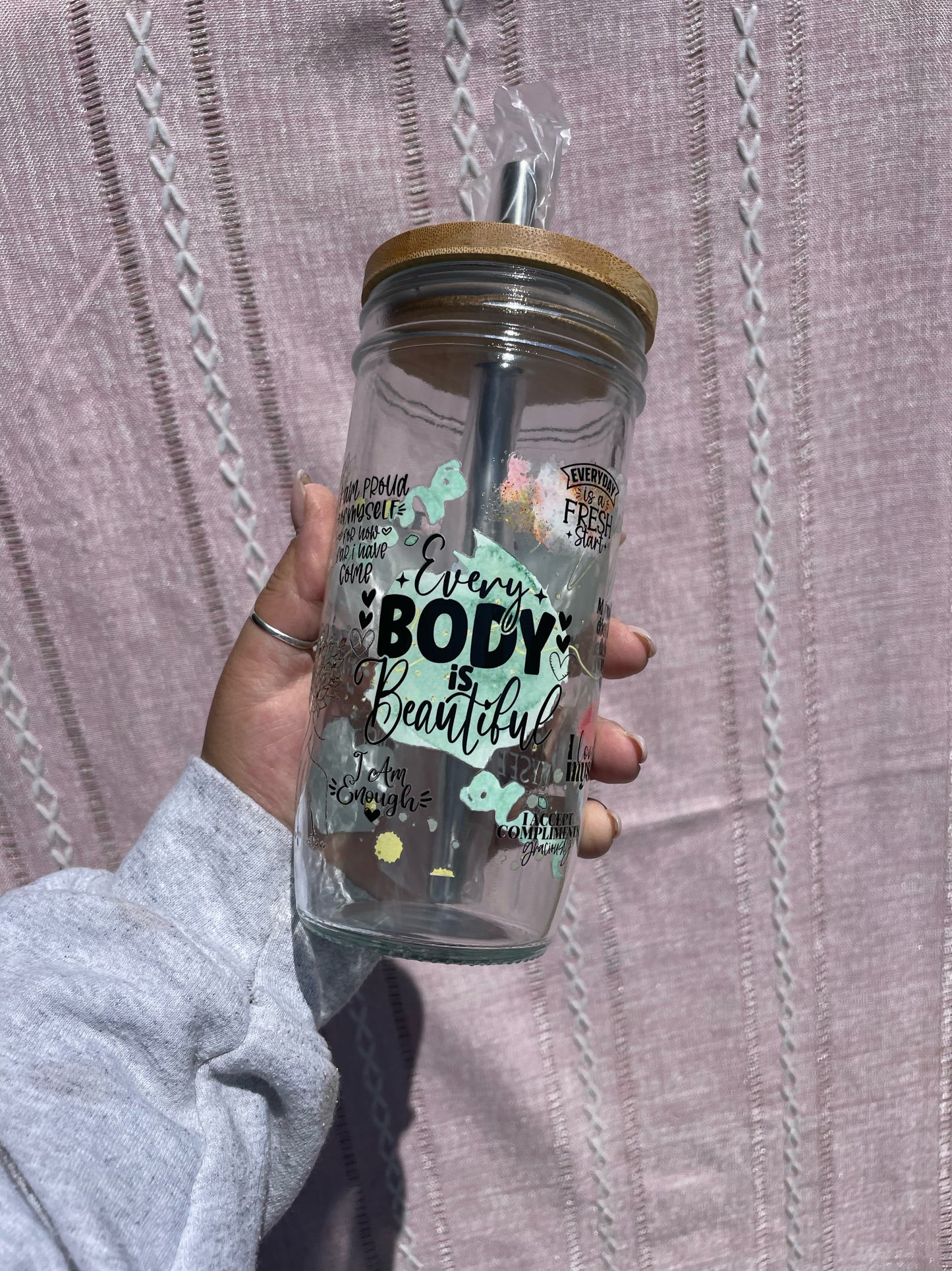 Every Body is Beautiful Affirmation Glass Cups- Smoothie Cup. Bubble Tea. Aesthetic Cup. 24 OZ.