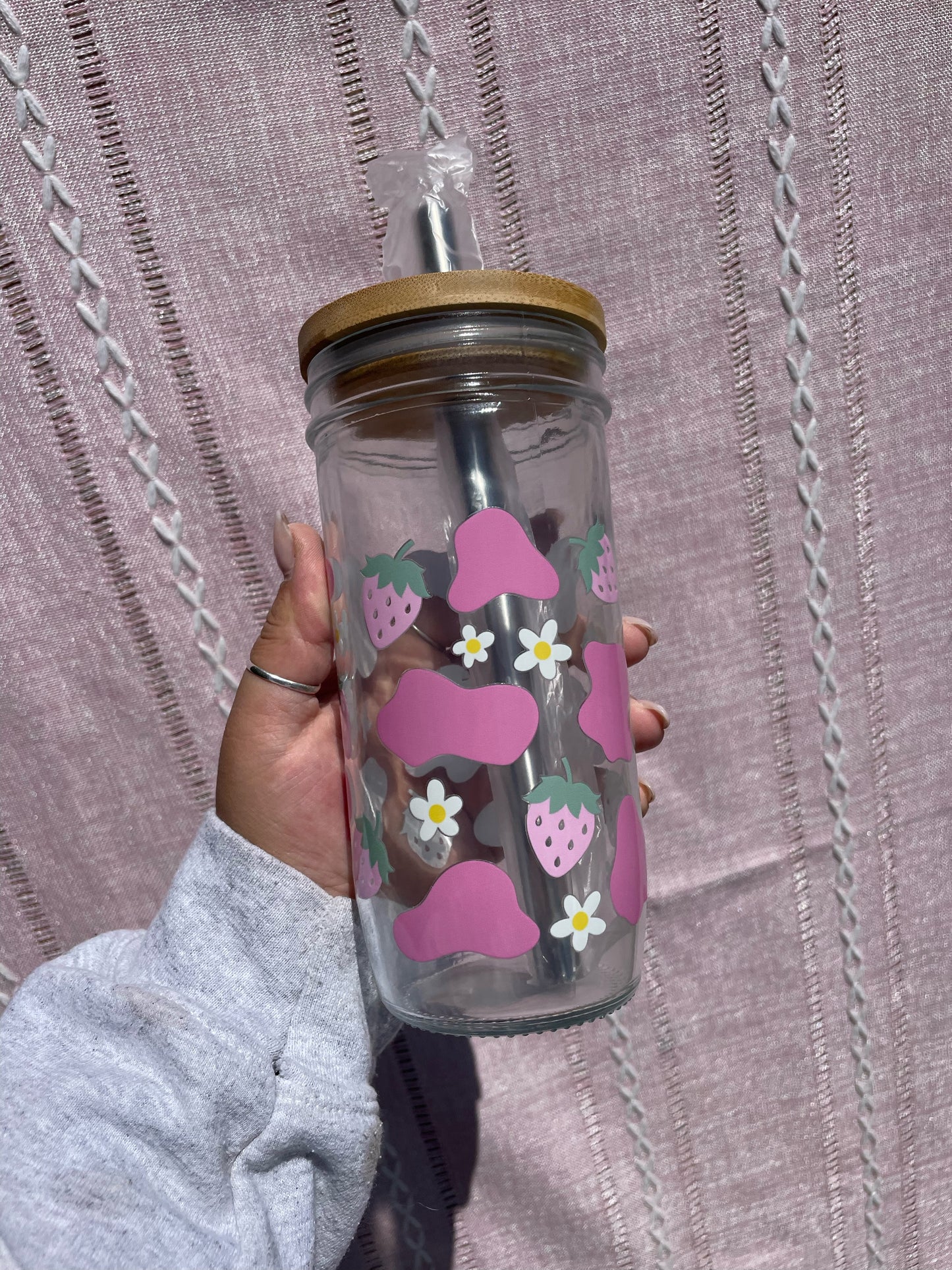 Cow Print & Strawberry Glass Cups- Smoothie Cup. Bubble Tea. Aesthetic Cup. 24 OZ.