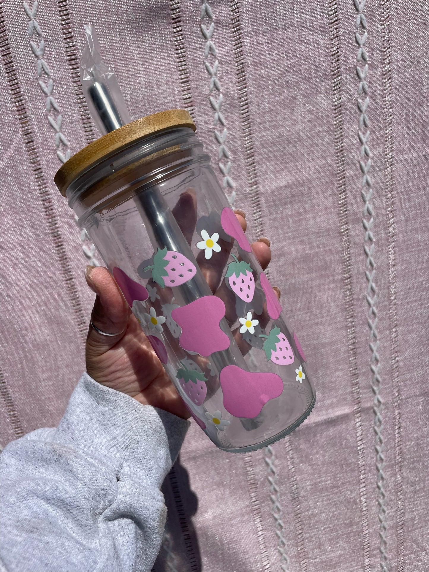 Cow Print & Strawberry Glass Cups- Smoothie Cup. Bubble Tea. Aesthetic Cup. 24 OZ.